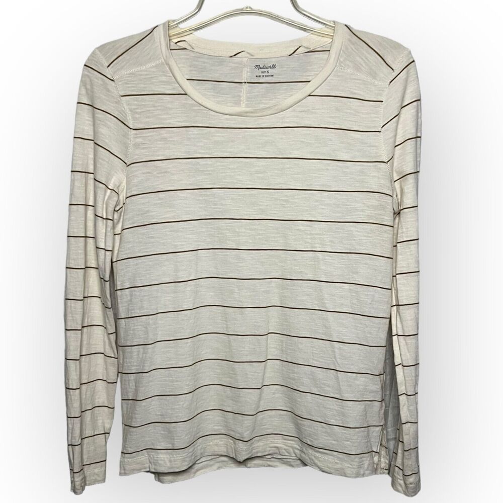 Madewell Cream & Brown Striped Long Sleeve Crew Neck T-Shirt w/Side Vents Sz S - Picture 1 of 11